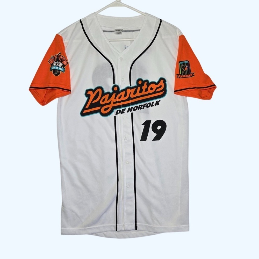 Norfolk Tides Youth XL SGA Baseball Jersey #19 White Orange Pajaritos de Norfolk